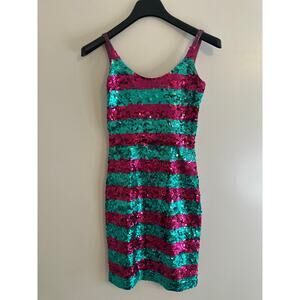 Vintage 80’s Nadine Teal & Hot Pink Beaded Sequin Mini Party Dress Size Small